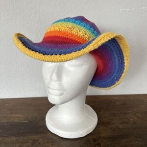 Crocheted Rainbow Sun Hat Island Planet Miami Eclectic Grandpa Wire Brim‎